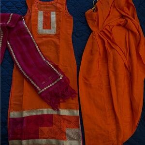 Vibrant Orange Salwar Kameez Set with Magenta Dupatta